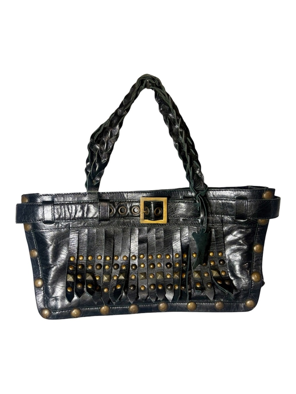 LLOYD GERMANY Vintage Y2K Black Studded Fringe Leather Bag